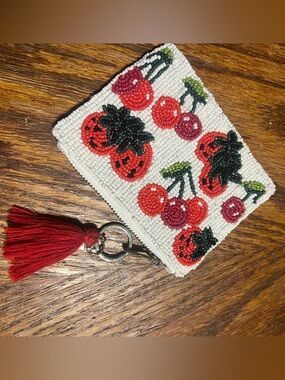 Sol and Mer Beaded Cherry strawberry checkered Coin Purse with Tassel